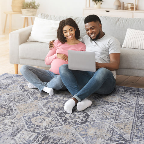 PAYAS Collection 8x10 Traditional Area Rug - Stain Resistant, Non-Shedding Polyester in Grey/Blue, Medium Pile, Durable Cotton Backing for Living Room, Bedroom, Home Office