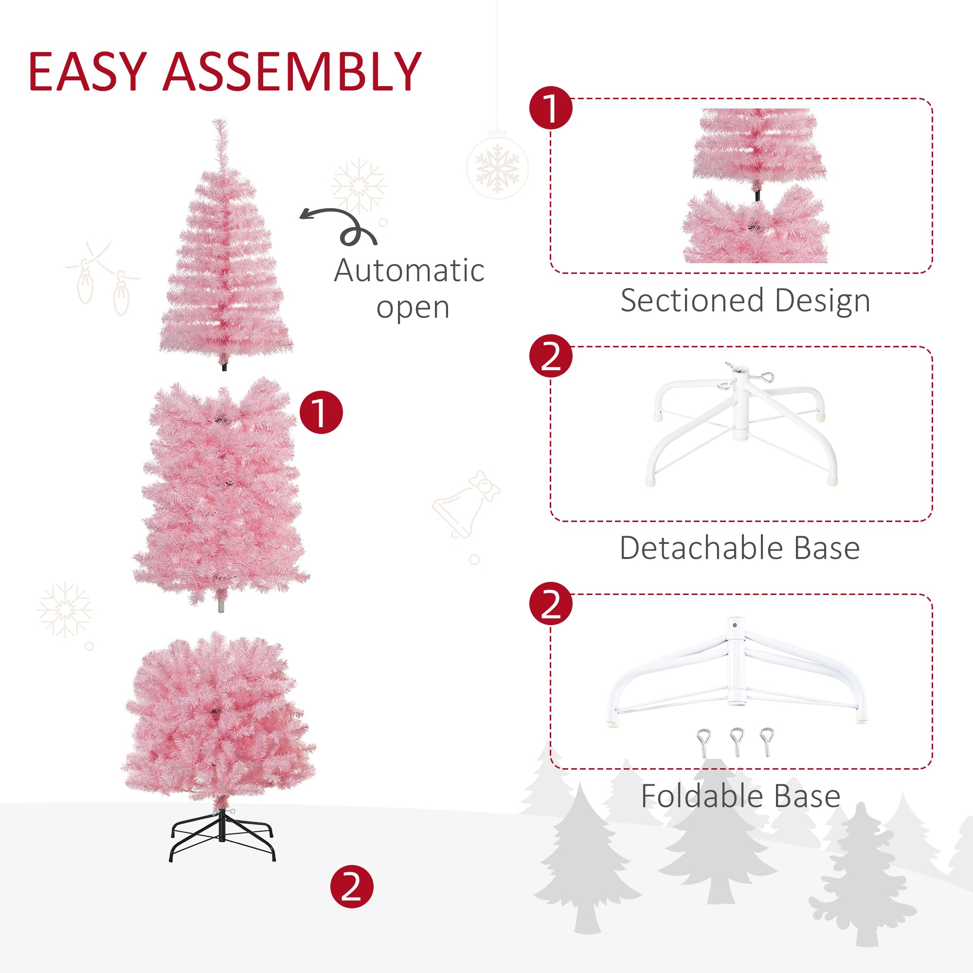 HOMCOM 7ft Pink Slim Douglas Fir Artificial Christmas Tree | 818 Realistic Branch Tips | Indoor Holiday Decor for Apartments &amp; Dorms | Easy Assembly