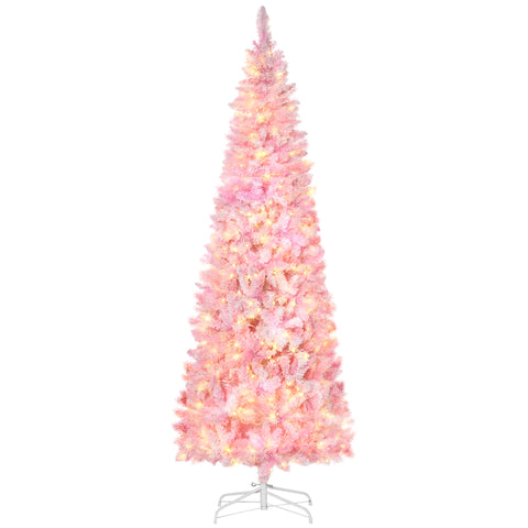 HOMCOM 7.5ft Snow Flocked Pencil Christmas Tree, Pink & White, Warm White LEDs, Auto-Open Branches, Realistic Pine, Flame-Retardant Plastic, Indoor Holiday Decor