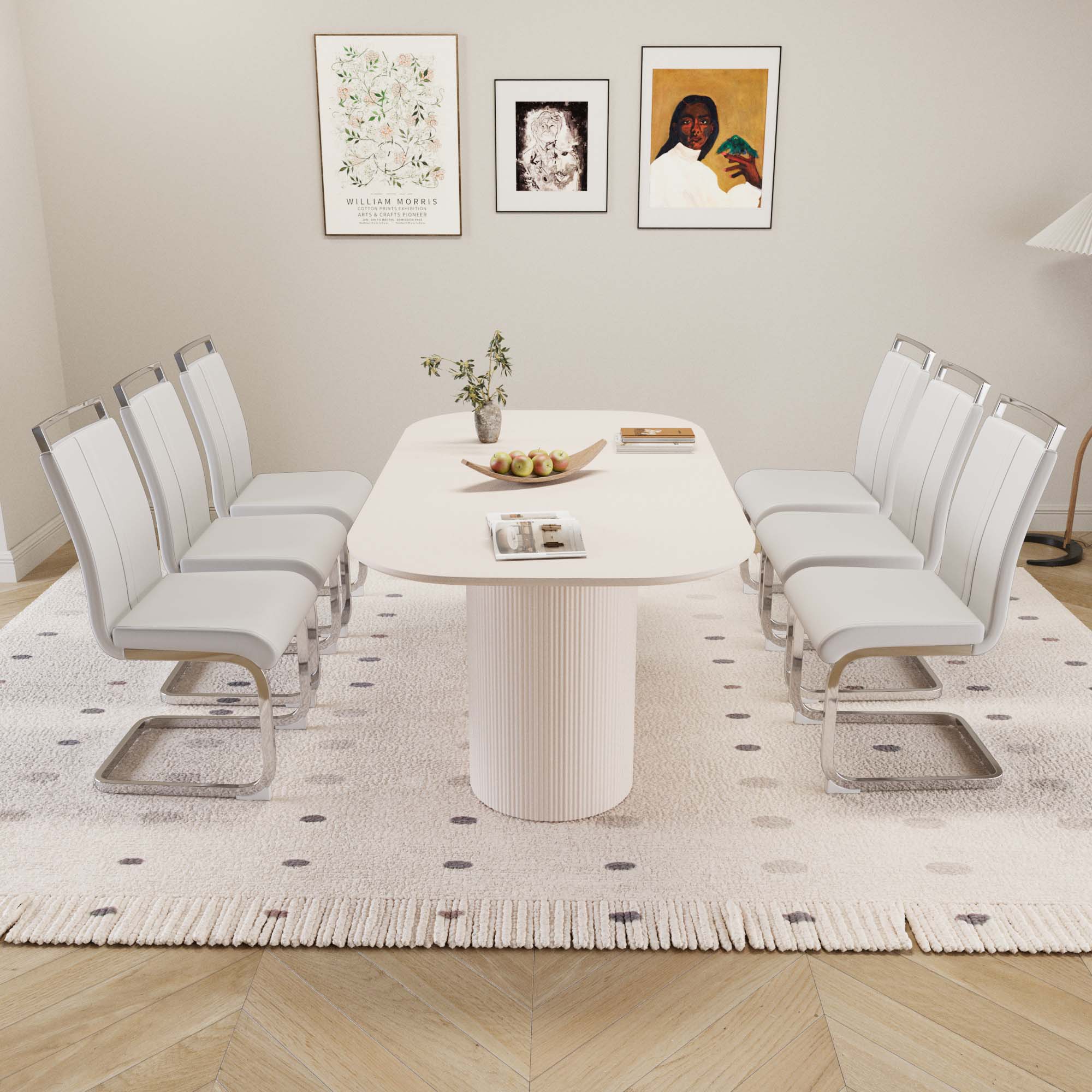 63" Creamy White MDF Dining Table Set for 6-8, Modern Mid-Century Style PU Leather Armless Chairs with Silver Metal Legs, Perfect for Home Kitchen & Dining Room