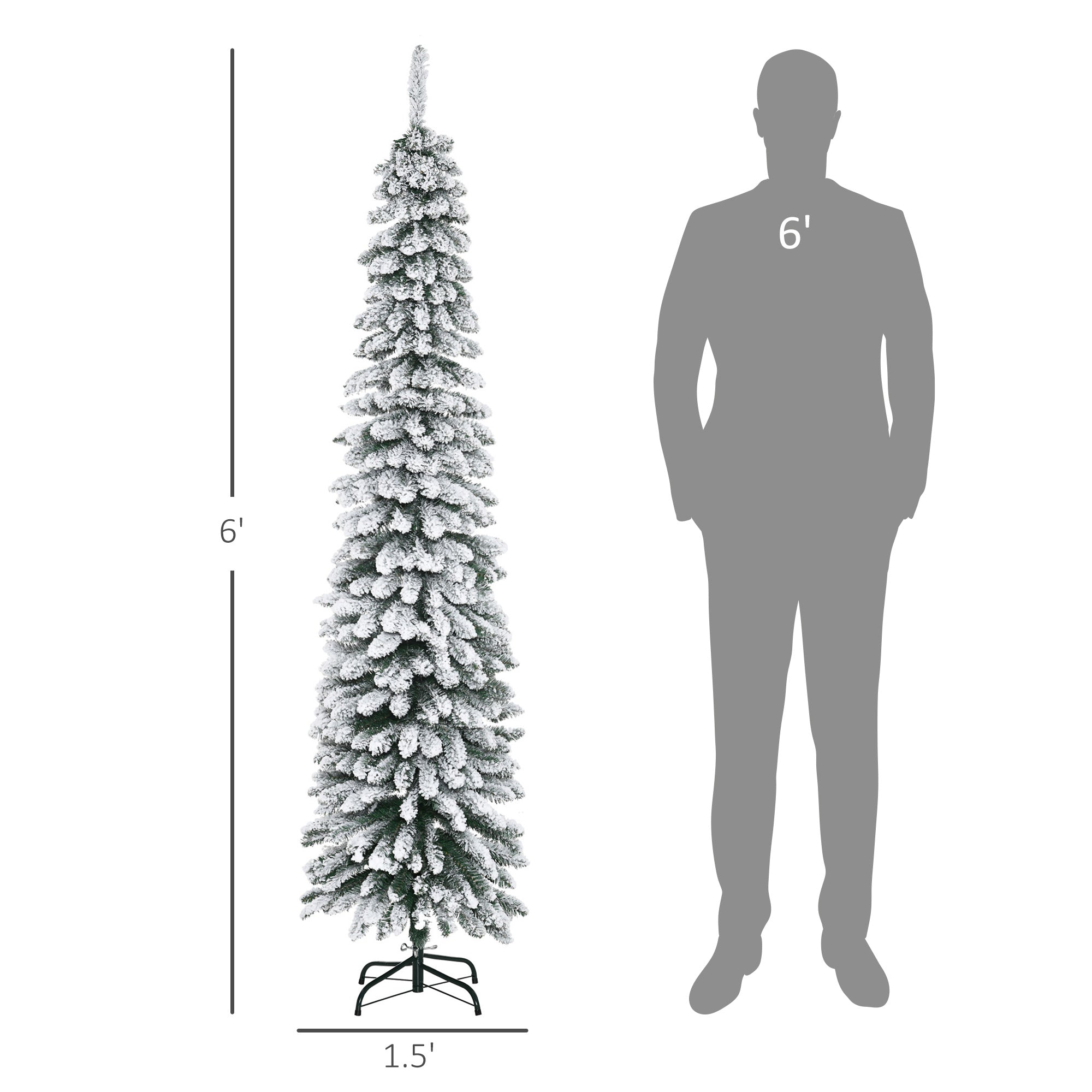 HOMCOM 6ft Slim Pencil Artificial Christmas Tree, Unlit Snow Flocked Green Xmas Tree with 395 Realistic Tips, Plastic, for Home &amp; Office Holiday Decor