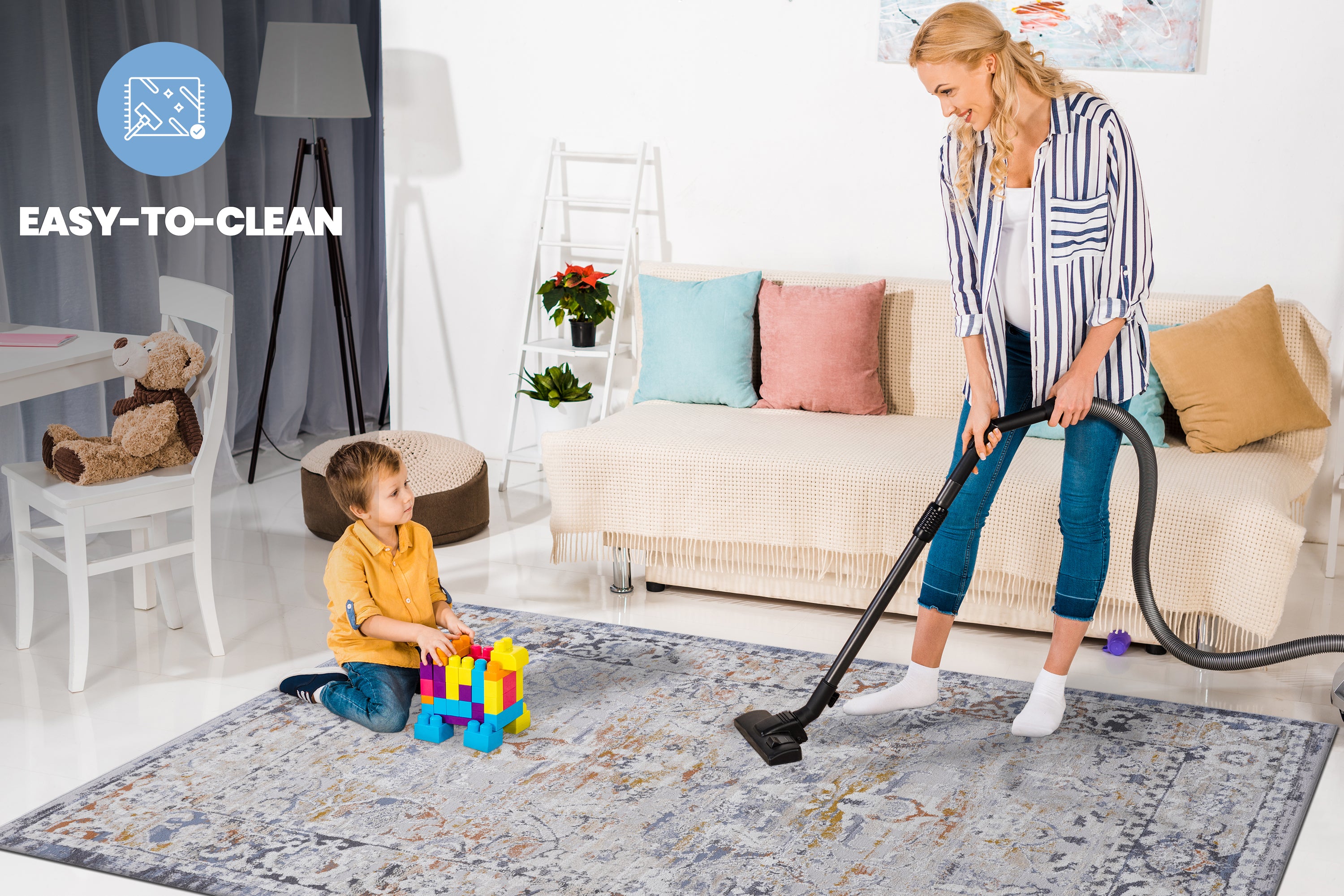 PAYAS Collection 6x9 Ivory & Grey Traditional Area Rug - Stain-Resistant, Non-Shedding Polyester for Living Room, Bedroom, Office. Kid & Pet-Friendly, Easy Care, 0.28" Pile, Latex-Free Cotton Backing.