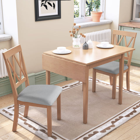 3-Piece Natural Drop Leaf Dining Set: Extendable Kitchen Table & 2 Upholstered Chairs for Small Spaces, Solid Rubberwood & MDF, Modern Farmhouse Style, Compact Dining Room Furniture