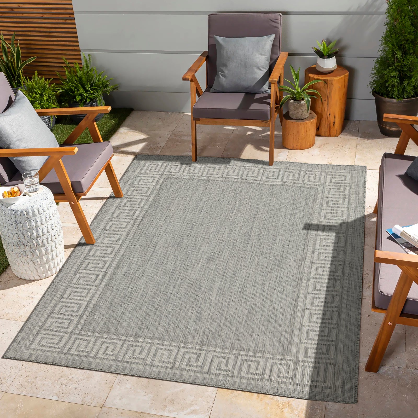 Sunshine GC_HAR2003 Silver 5'3" x 7'3" Indoor/Outdoor Area Rug - Durable Polypropylene Flatweave, Stain Resistant, Easy Clean, Patio, Deck, Living Room, Turkey
