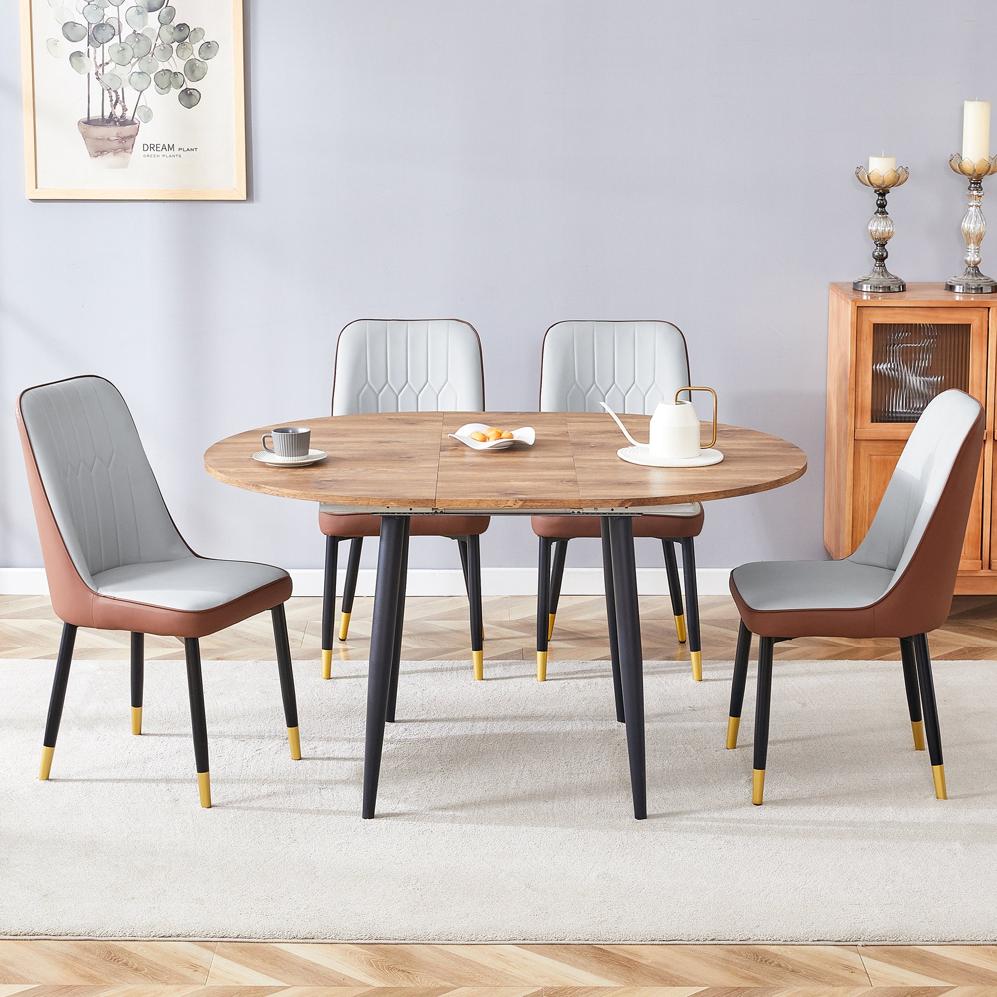 Modern Extendable Round Wood MDF Dining Table Set with 4 PU Cushioned Armless Chairs, Wood Brown, Seats 4, Perfect for Kitchen &amp; Dining Room Gatherings