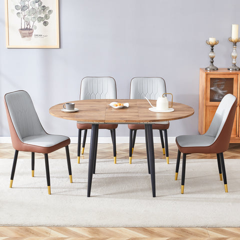 Modern Extendable Round Wood MDF Dining Table Set with 4 PU Cushioned Armless Chairs, Wood Brown, Seats 4, Perfect for Kitchen &amp; Dining Room Gatherings