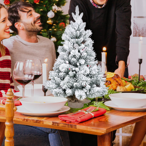 3FT Flocked Snowy Christmas Tree, 170 Tips, PE/PVC & Pine Needle Branches, Pine Cones & Red Berries Decor - Compact White & Green Holiday Tree for Tabletop, Entryway, Office Decor
