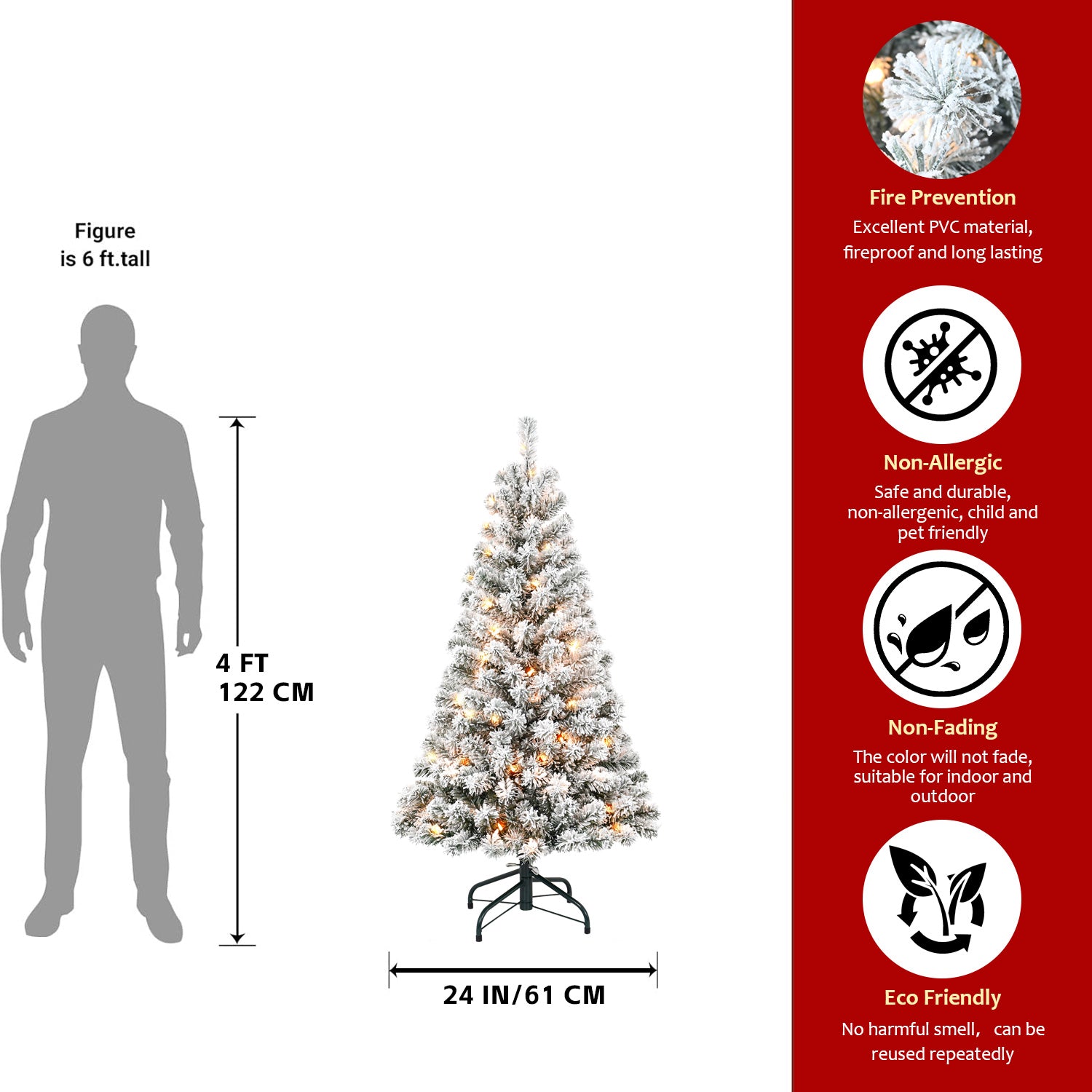 6ft Snowy Flocked Christmas Tree with 250 Warm White Lights - Artificial Winter Holiday Tree, 678 Tips, Durable Metal Stand, PVC, Green/White for Home & Office Decor