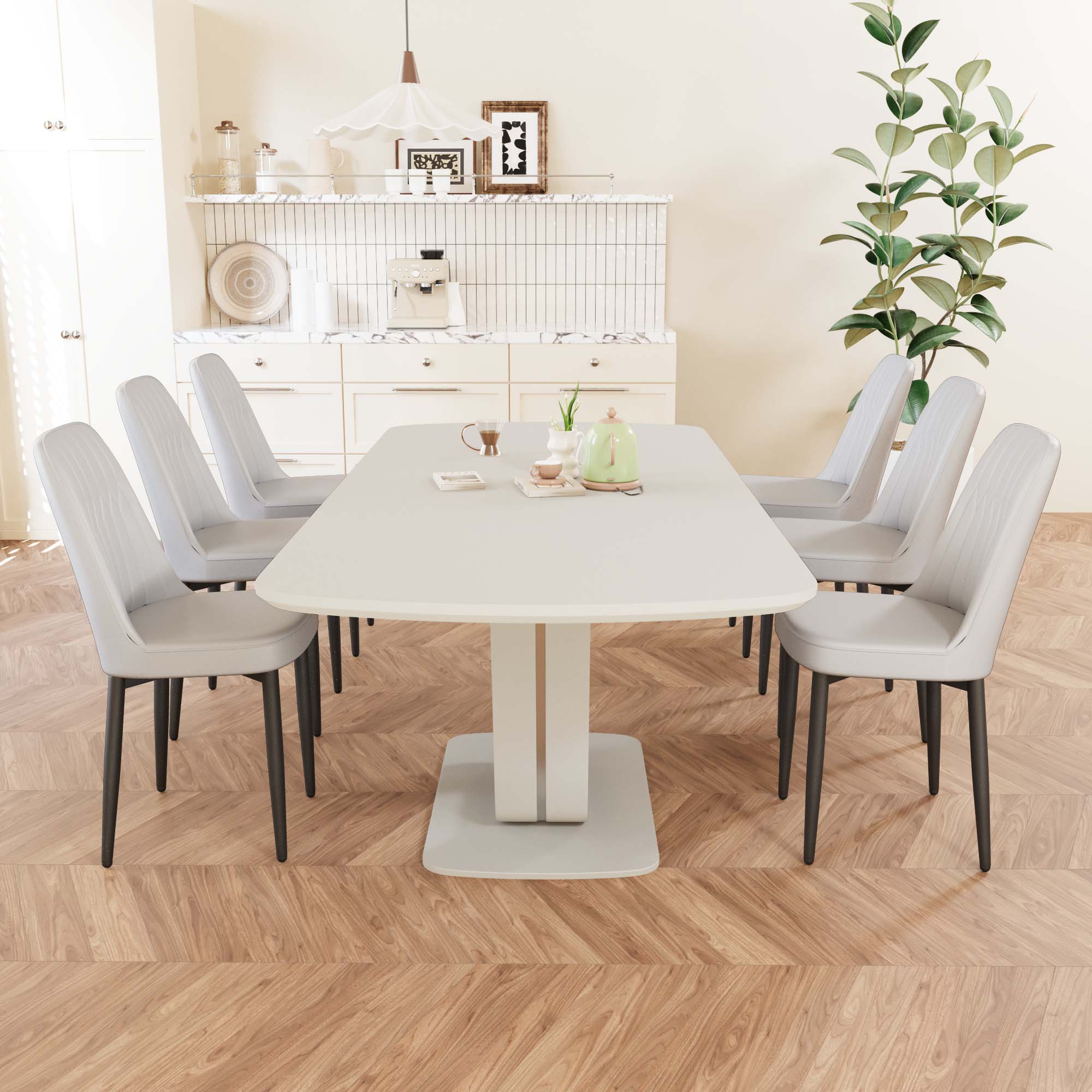 Expandable 62.99"-78.74" Dining Table Set for 2-8, Gray MDF &amp; PU Fabric, 6 Padded Chairs with U-Legs for Kitchen, Dining Room, Living Room, Modern Farmhouse Style