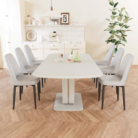 Expandable 62.99"-78.74" Dining Table Set for 2-8, Gray MDF &amp; PU Fabric, 6 Padded Chairs with U-Legs for Kitchen, Dining Room, Living Room, Modern Farmhouse Style