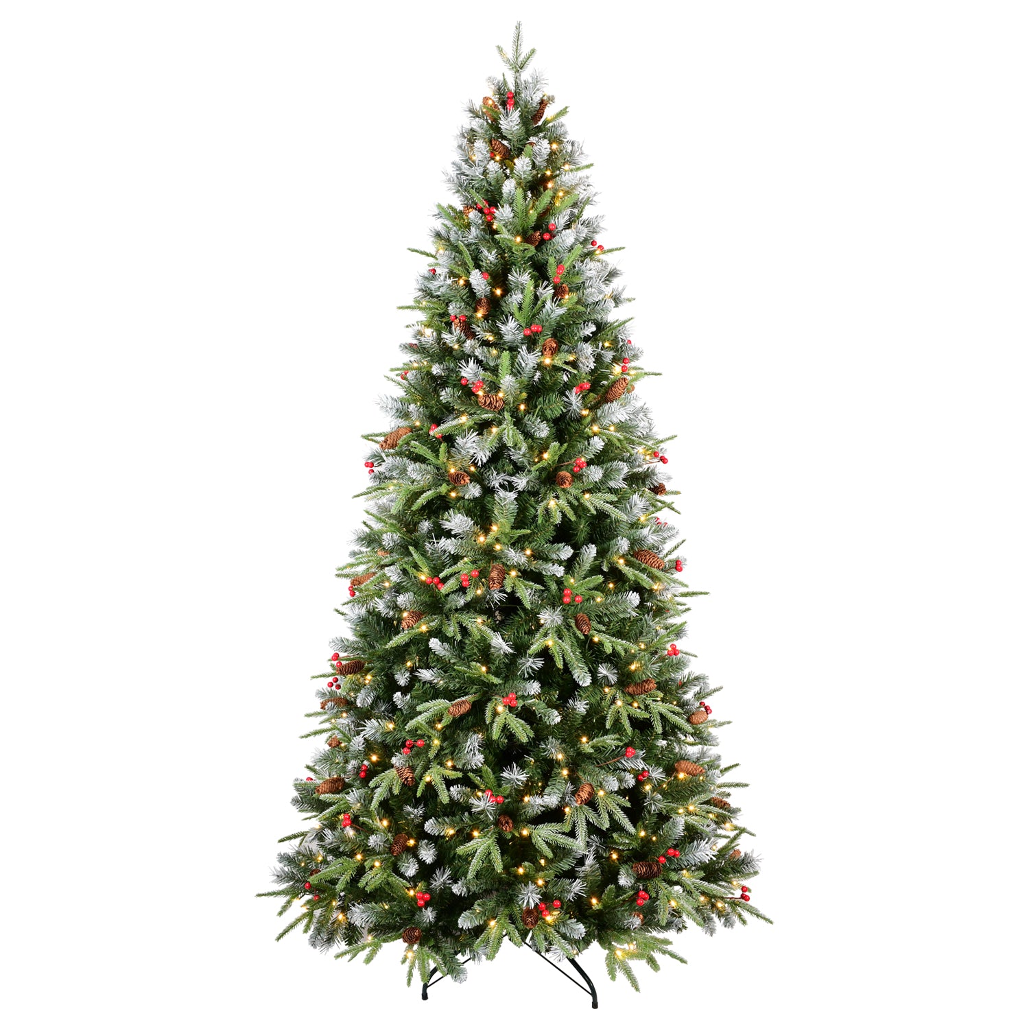 8FT Snow-Tipped Christmas Tree with 600 Warm White LEDs, 2850 PE+PVC Branches, Berries &amp; Pine Cones, Hinged Design, Metal Stand - Realistic Holiday Home Decor