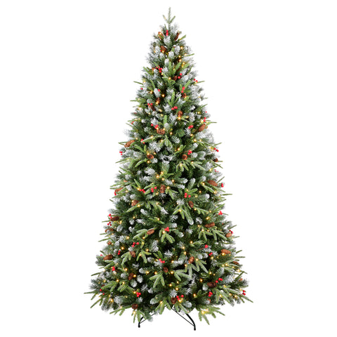8FT Snow-Tipped Christmas Tree with 600 Warm White LEDs, 2850 PE+PVC Branches, Berries &amp; Pine Cones, Hinged Design, Metal Stand - Realistic Holiday Home Decor