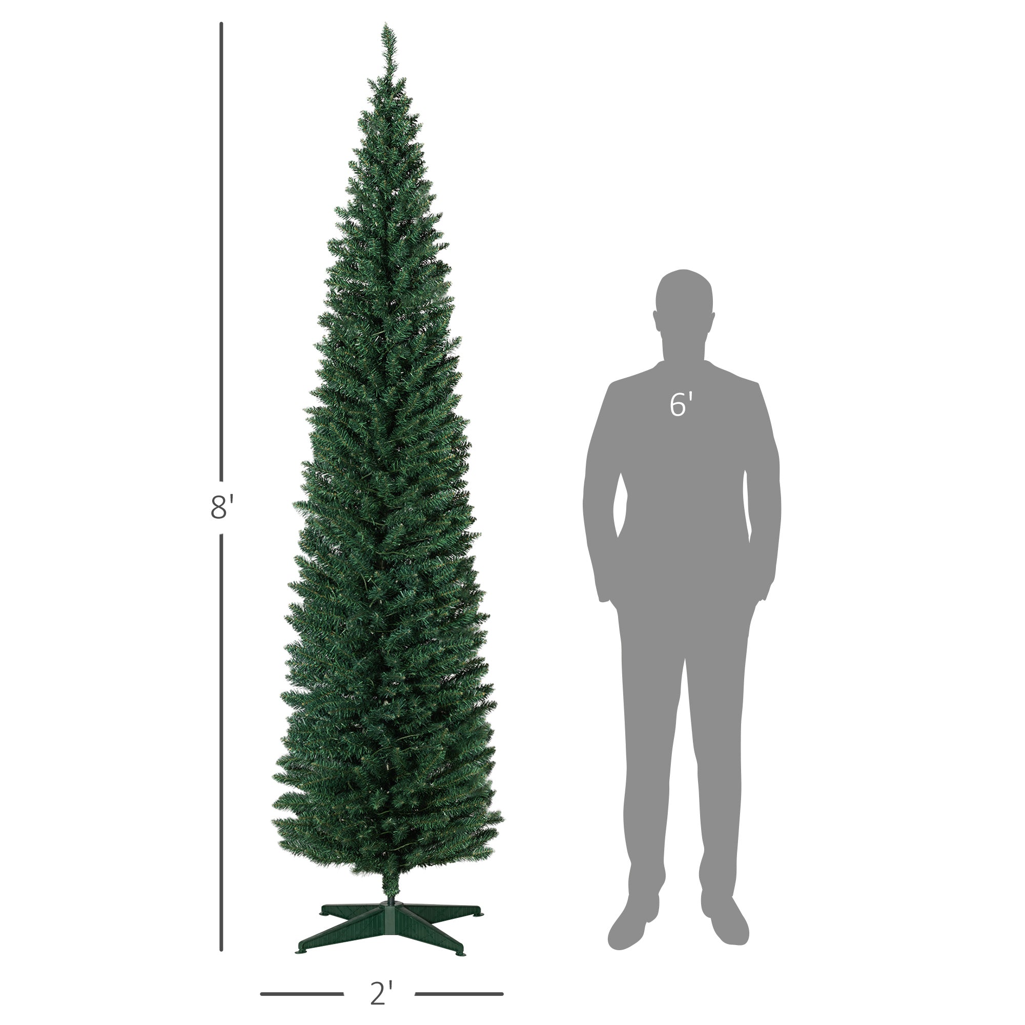HOMCOM 8ft Slim Noble Fir Artificial Christmas Tree | 618 Tips, 300 Warm White LEDs | Realistic Green Plastic | Indoor Home Holiday Decor
