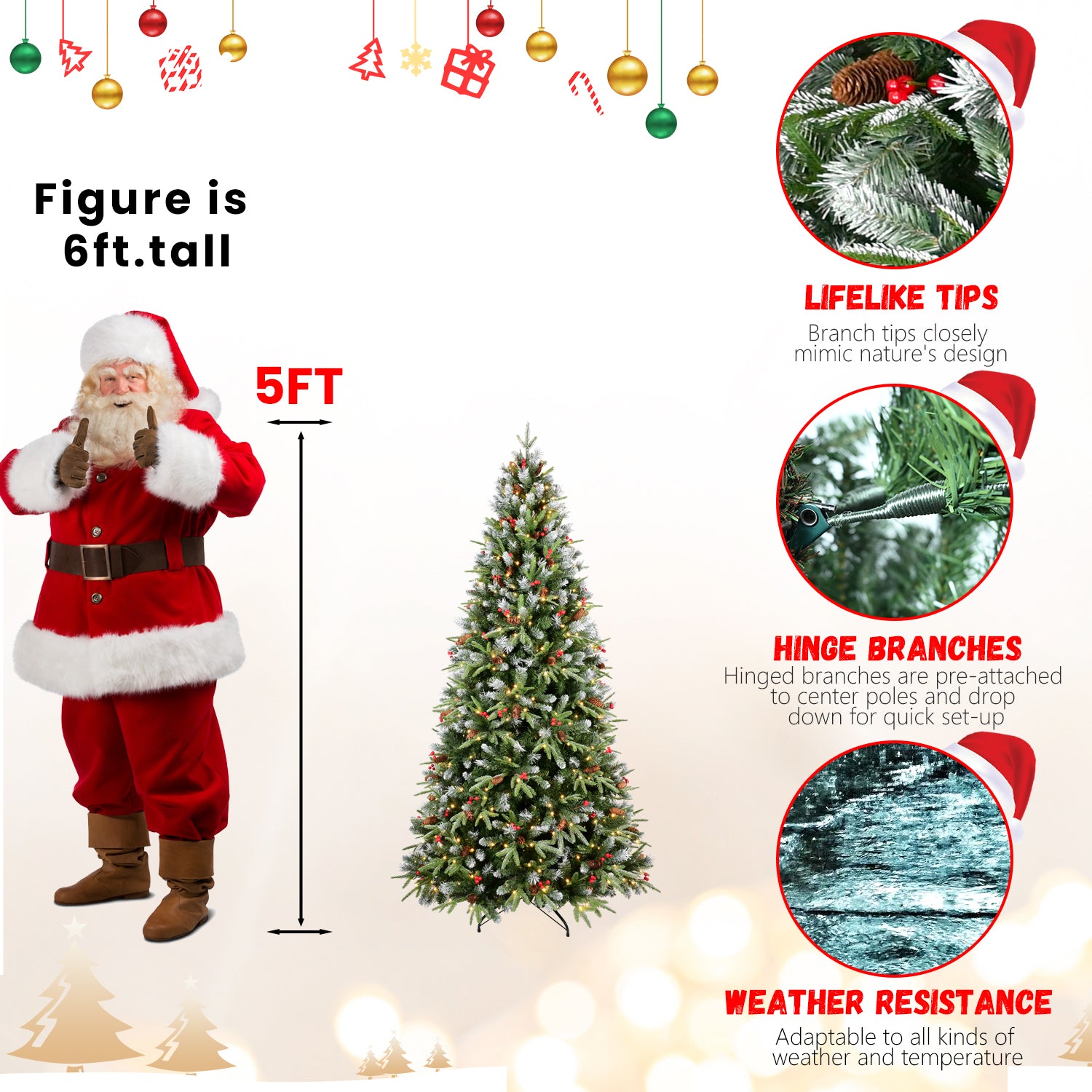 5FT Snow-Tipped Christmas Tree: 250 Warm White LEDs, Hinged PE/PVC Branches, Red Berries &amp; Pine Cones. Realistic Winter Woodland Decor for Home &amp; Holiday Parties. Stable Metal Stand.