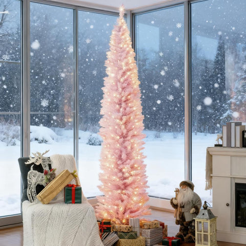 8ft Pink Pencil Christmas Tree with Warm White LED Lights | Slim, Flame-Retardant Artificial Tree for Indoor Home Decor & Small Spaces