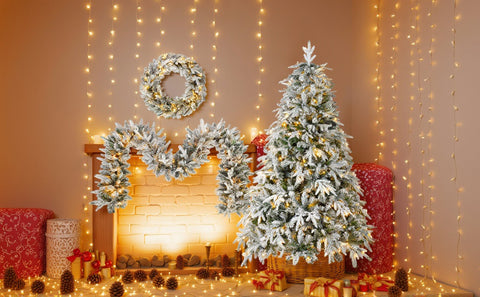 Snow Flocked Christmas Wreath, Garland & 6ft Tree 3-Pack Decor Set | Warm White LED Lights | 900-Tip PVC/PE Tree | Indoor/Covered Outdoor Use | Festive Winter Wonderland Ambiance