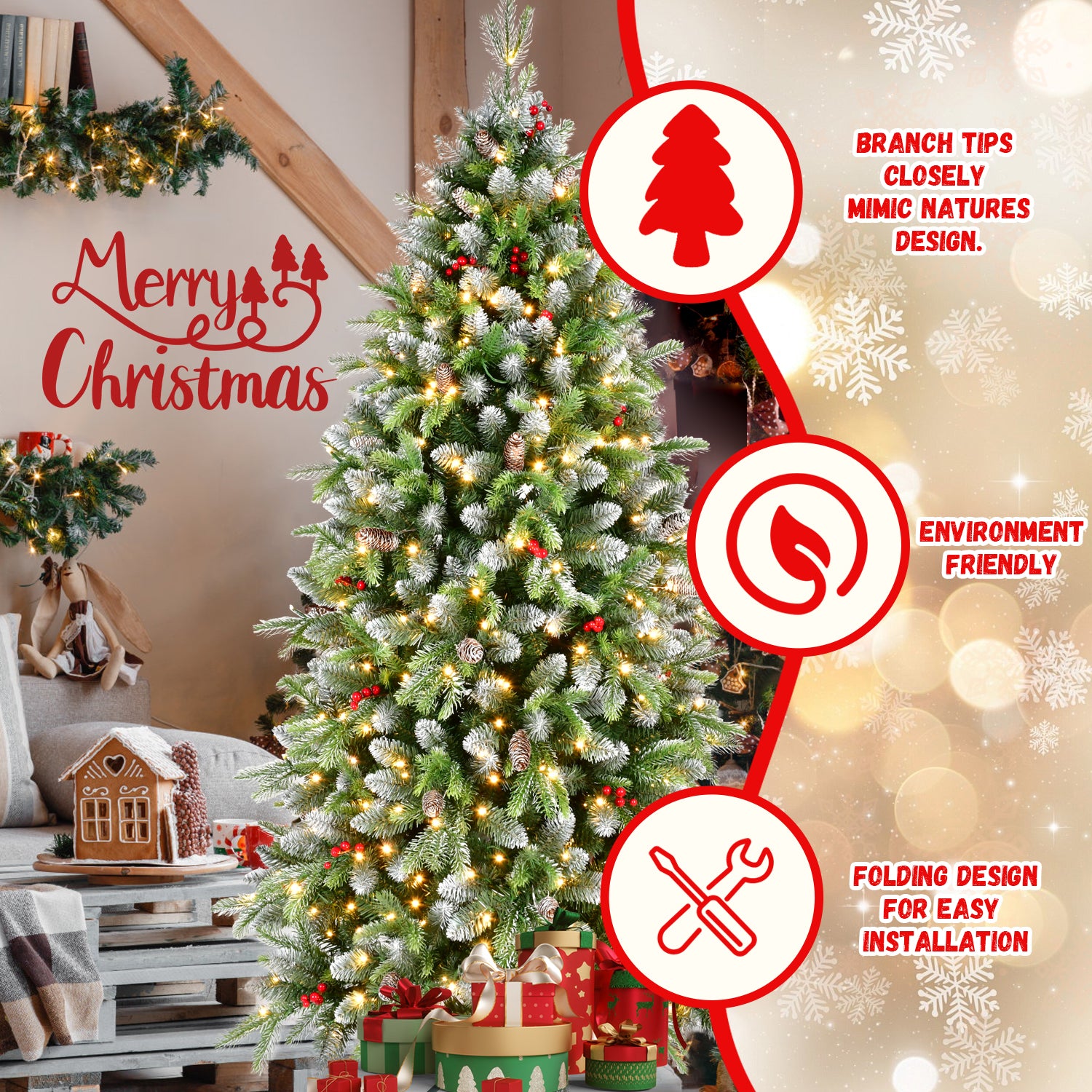 6ft Frosted Green Artificial Christmas Tree | 380 Warm White LED Lights | 1264 Lush Tips | Red Berries &amp; Pinecones | Sturdy Metal Stand | Indoor Holiday Decor