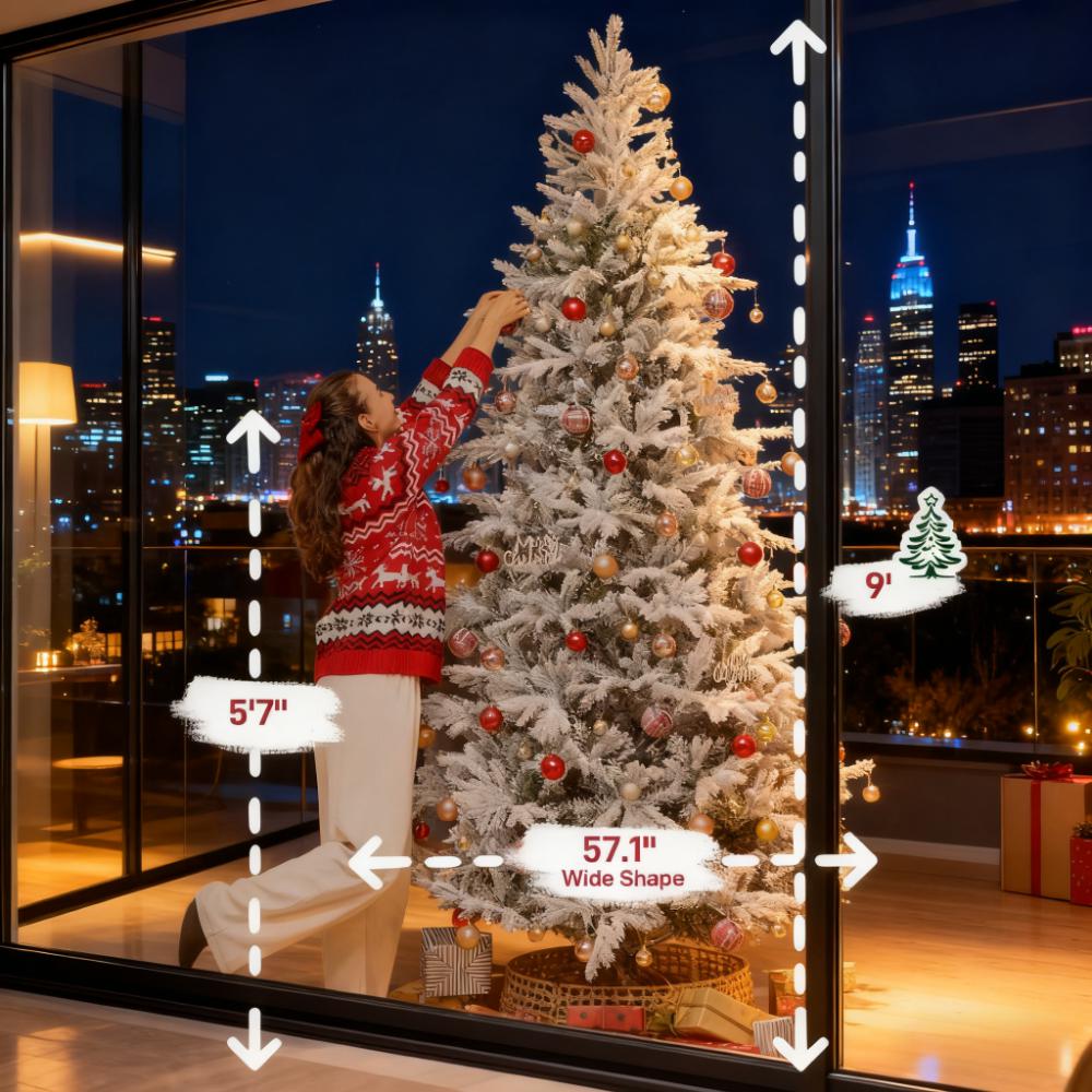 9ft Flocked Spruce Christmas Tree - Realistic Snow-Dusted Artificial Tree, 2514 Tips, 57" Wide, Hinged Branches, Metal Stand, Fire-Retardant Green & White for Festive Home Decor