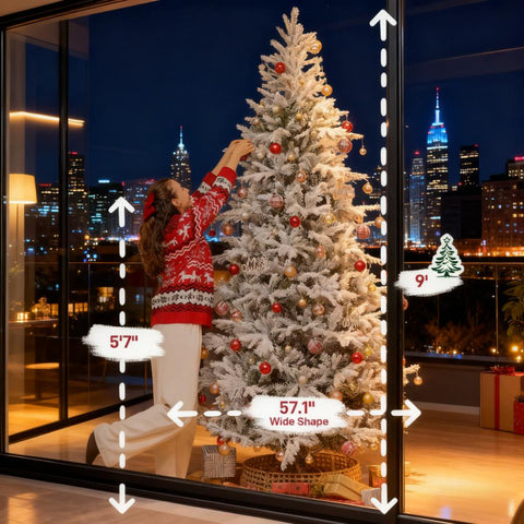 9ft Flocked Spruce Christmas Tree - Realistic Snow-Dusted Artificial Tree, 2514 Tips, 57" Wide, Hinged Branches, Metal Stand, Fire-Retardant Green & White for Festive Home Decor