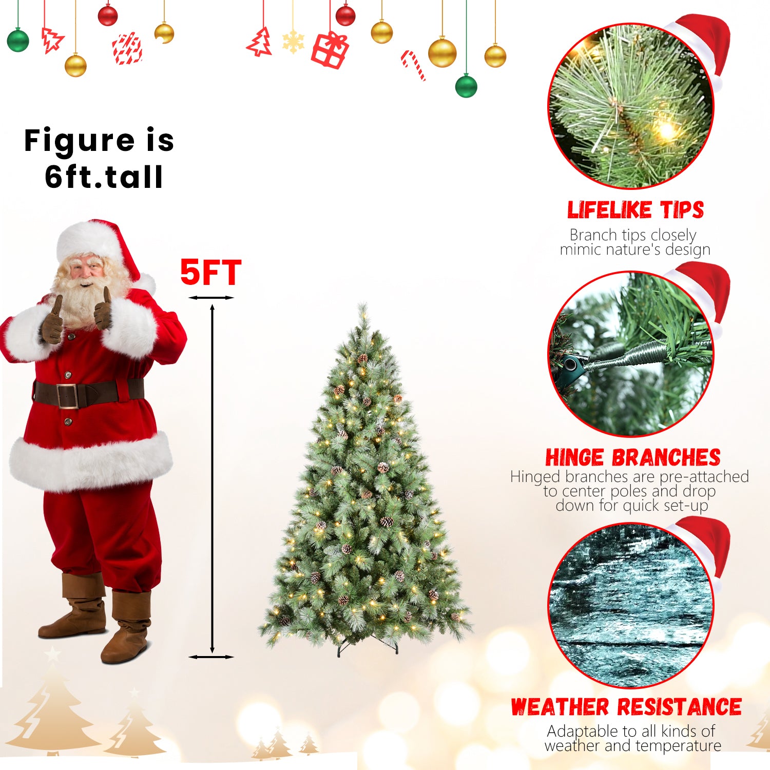 9FT Pre-lit Christmas Tree | 2518 PVC &amp; Hard Needle Tips, 700 Warm White LEDs, 122 Pine Cones | Hinged Full Realistic Holiday Tree with Metal Stand for Indoor Home Decor