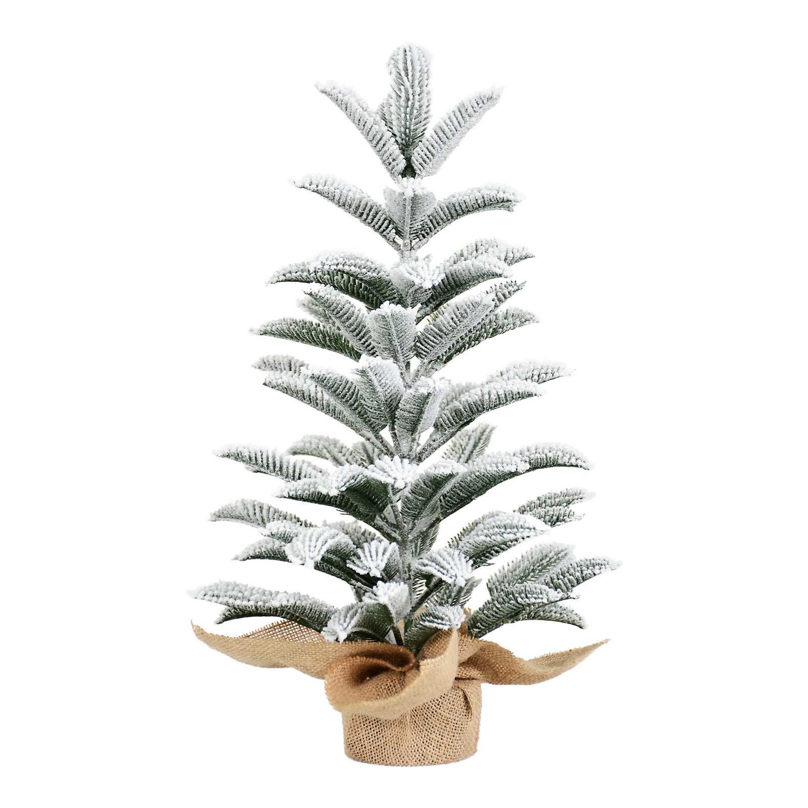 50cm Snowy PE Tabletop Christmas Tree: Realistic flocked mini tree with 85 tips &amp; burlap cement base. Perfect winter holiday decor for home, office, desk. White/Green.