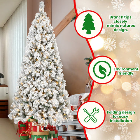 7FT Snowy Flocked Christmas Tree with 450 Warm White LED Lights - 1060 Tips, Hinged PVC &amp; Hard Needle Branches, Sturdy Metal Stand for Realistic Holiday Home Decor