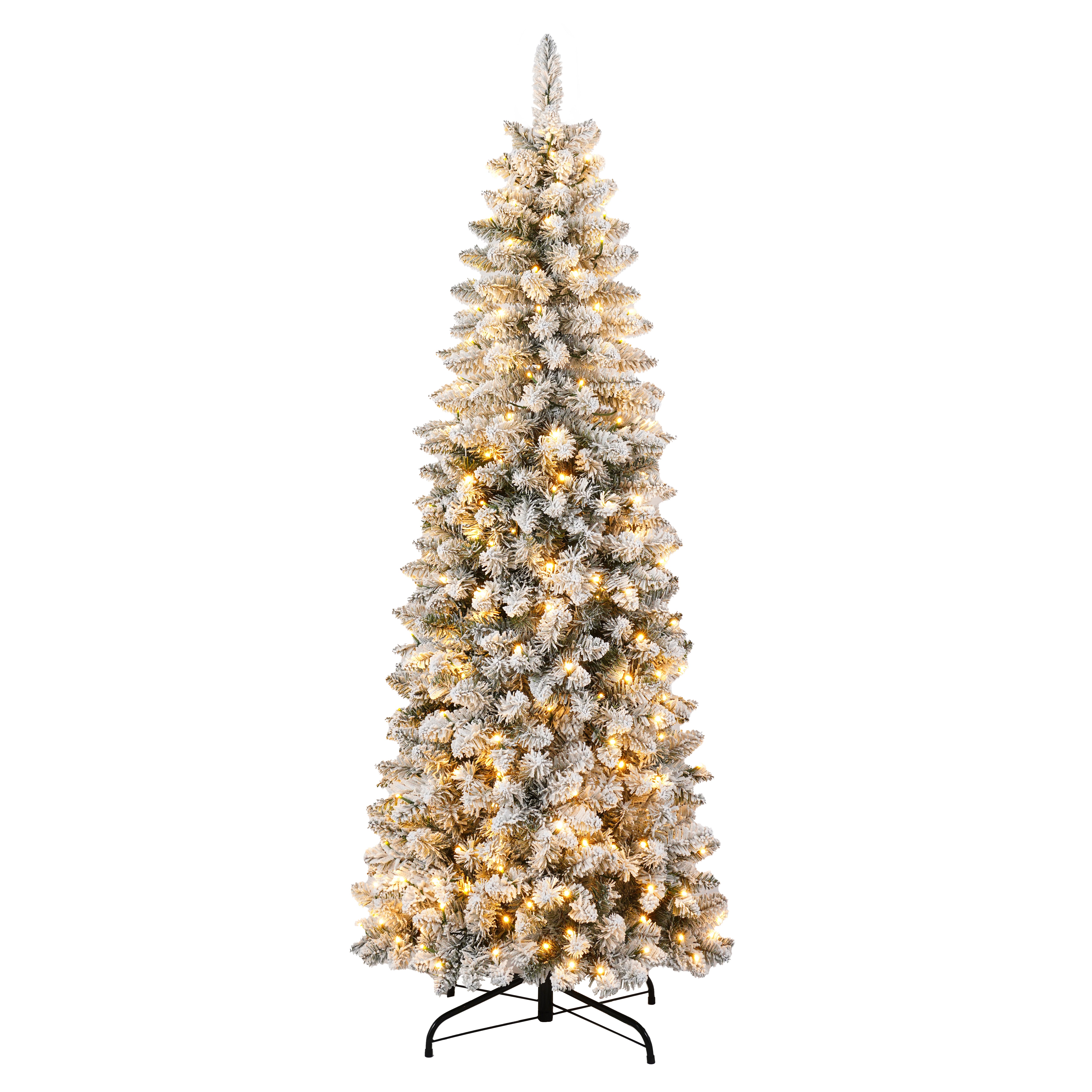 3 Pcs Flocked Artificial Christmas Trees Set w/ Warm White LED Lights, 4ft 5ft 6ft Snow-Covered Pine Tree Decor for Indoor Holiday Parties, Easy Assembly, Dense PVC Tips, Metal Stand, Green/White