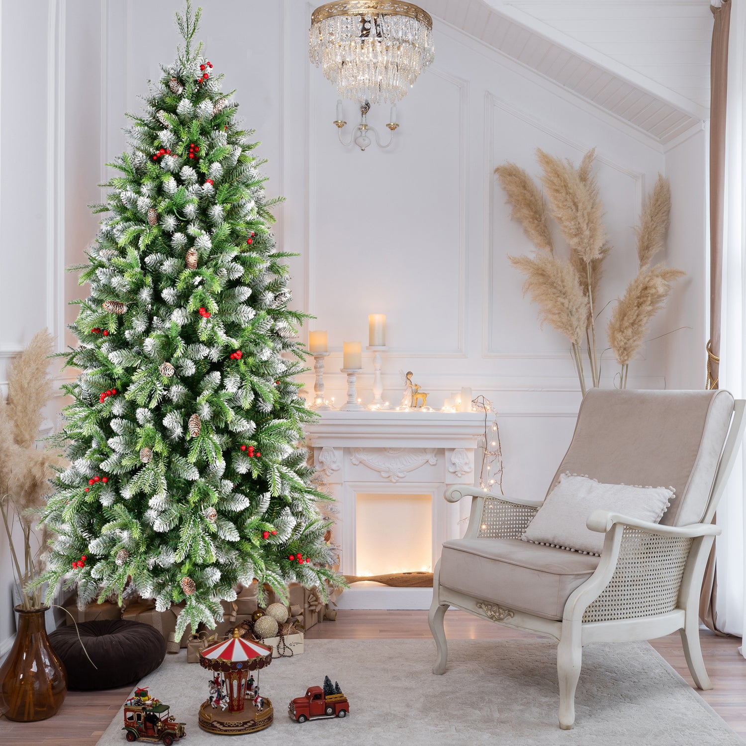 6ft Frosted Green Artificial Christmas Tree | 380 Warm White LED Lights | 1264 Lush Tips | Red Berries &amp; Pinecones | Sturdy Metal Stand | Indoor Holiday Decor