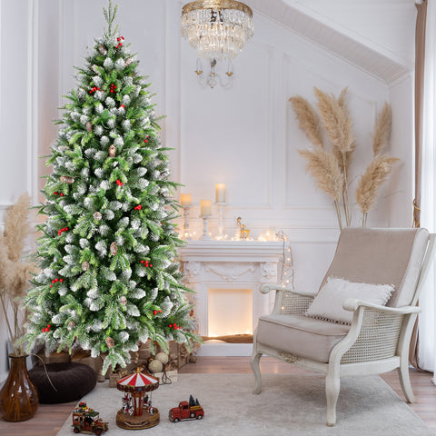 6ft Frosted Green Artificial Christmas Tree | 380 Warm White LED Lights | 1264 Lush Tips | Red Berries &amp; Pinecones | Sturdy Metal Stand | Indoor Holiday Decor