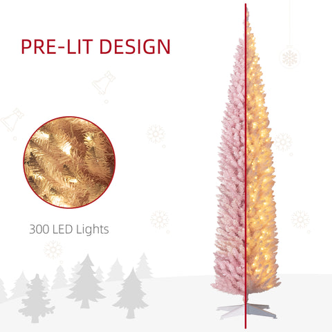 HOMCOM 8' Slim Pink Noble Fir Artificial Christmas Tree: 618 Tips, 300 Warm White LEDs, Flame-Retardant Plastic, Perfect for Home &amp; Fireplace Decor