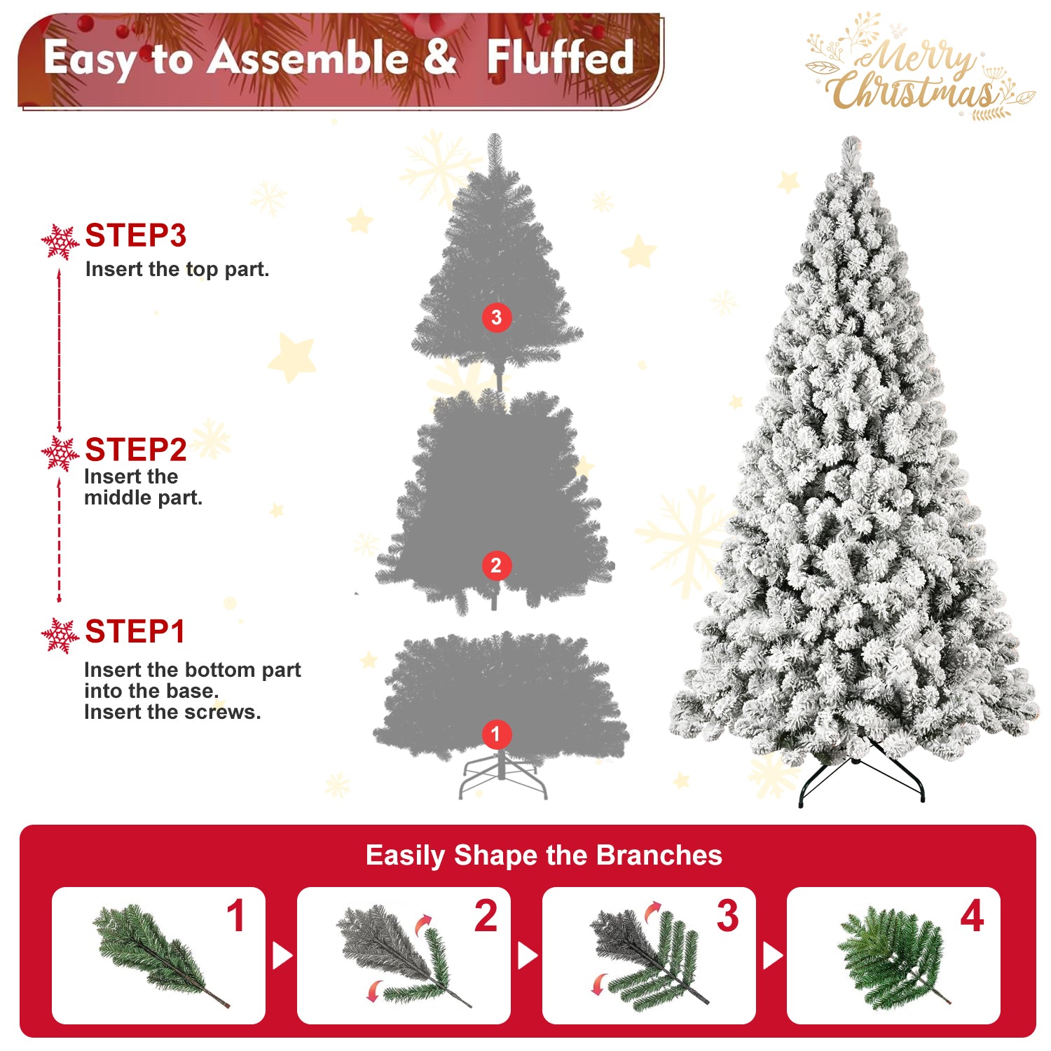 8ft Snow-Flocked Pre-Lit Christmas Tree | 500 Warm White UL Lights | Auto-Unfold Memory Wire | Durable Metal Stand | PVC | Green/White | Indoor Holiday Decor