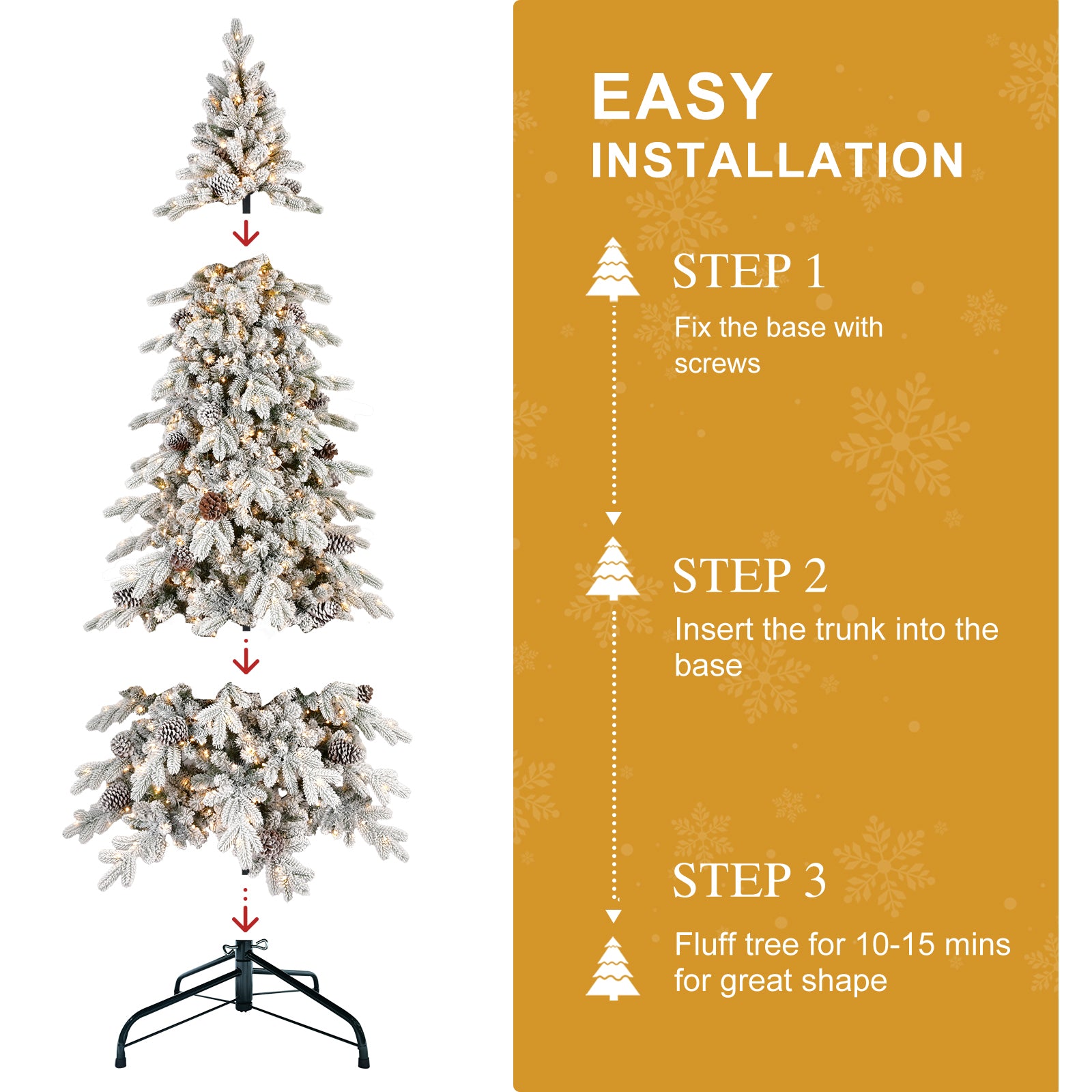 6FT Flocked Christmas Tree - 935 Tips, Snowy White &amp; Green PE/PVC Tree with 600 Warm White LEDs &amp; 31 Pine Cones. Hinged Branches, Metal Stand for Festive Home Decor