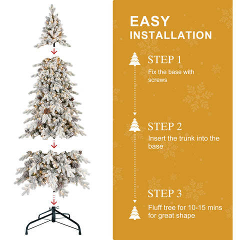 6FT Flocked Christmas Tree - 935 Tips, Snowy White &amp; Green PE/PVC Tree with 600 Warm White LEDs &amp; 31 Pine Cones. Hinged Branches, Metal Stand for Festive Home Decor