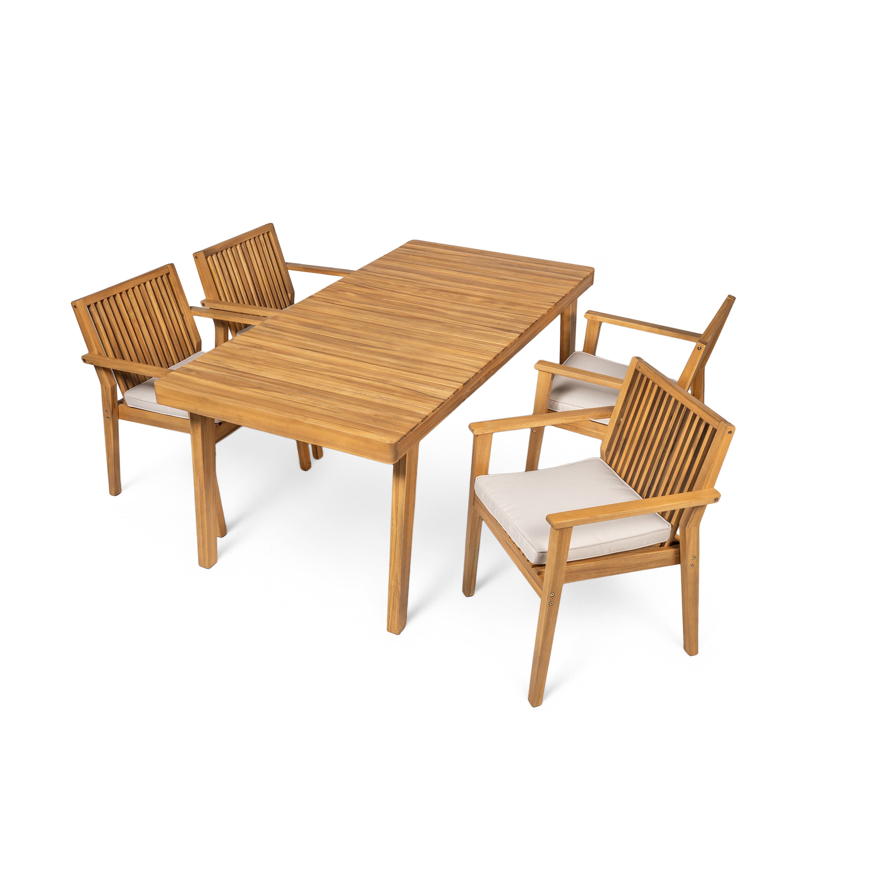 Durable 5-Piece Acacia Wood Patio Furniture Set: Natural Table & 4 Beige Cushioned Chairs for Outdoor Dining, Garden, Deck - Heavy-Duty, All-Weather, 69" Table, 400lb Chairs