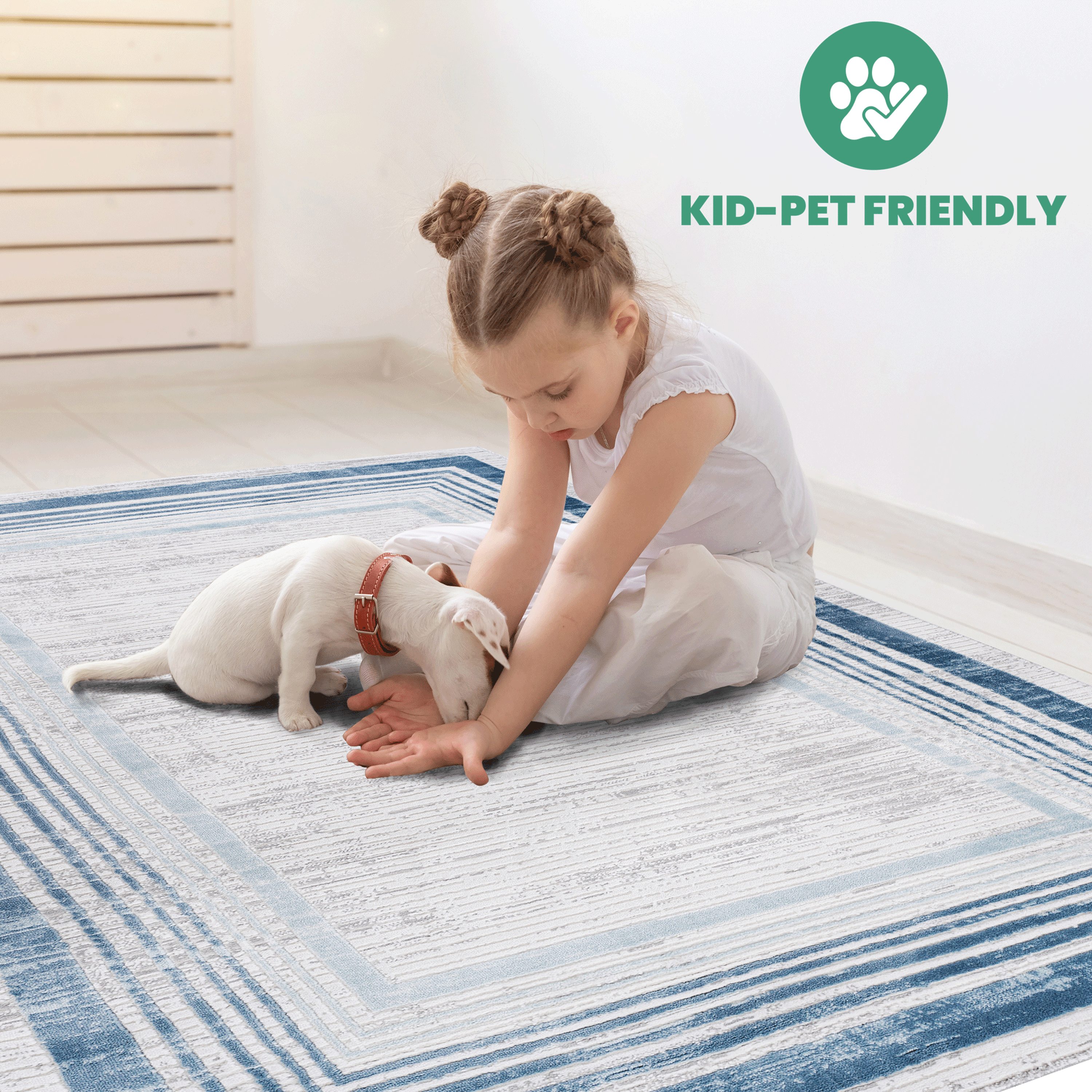 MARFI Collection 2'x8' Runner Rug | Blue/Ivory Bordered | Stain Resistant Polyester | Medium Pile | Kid & Pet-Friendly | Turkish Made | Entryway, Hallway, Living Room