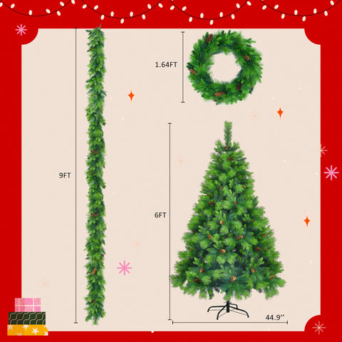 6FT Grass Green Hinged Artificial Christmas Tree Set: 844 Branch Tips, 430 Warm LED Lights, Pine Cones, Garland & Wreath Included - Durable PVC/PE for Home & Office Holiday Decor