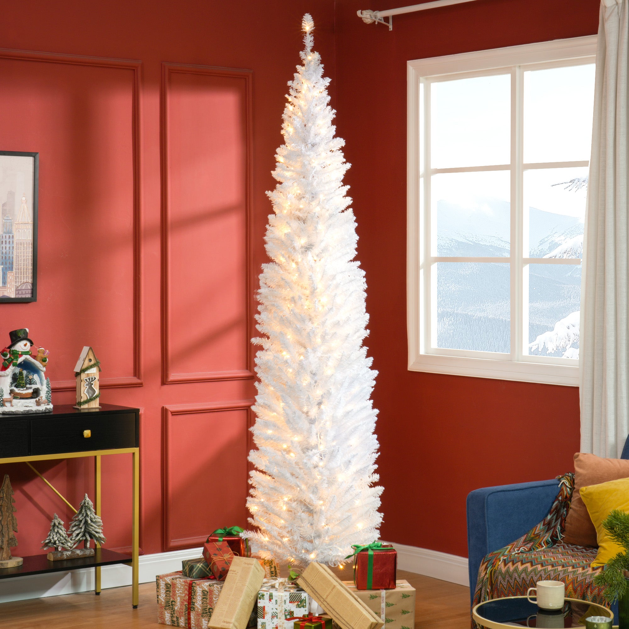 HOMCOM 8ft Slim Noble Fir Artificial Christmas Tree | 300 Warm White LEDs, 618 Tips | Realistic, Flame-Retardant Plastic, White | Indoor Home Decor, Fireplace Ambiance