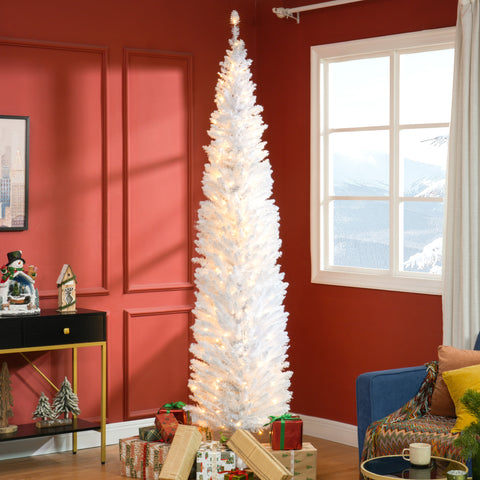 HOMCOM 8ft Slim Noble Fir Artificial Christmas Tree | 300 Warm White LEDs, 618 Tips | Realistic, Flame-Retardant Plastic, White | Indoor Home Decor, Fireplace Ambiance