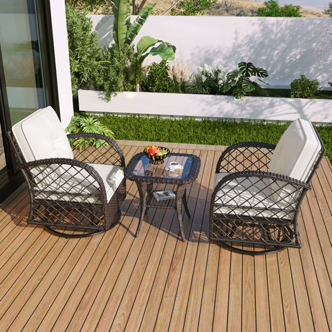 3-Piece Brown Rattan Outdoor Chat Set: 2 Swivel Rocker Chairs &amp; Glass Top Table for Garden Patio Balcony, Weather-Resistant Wicker Seating Group with Cushions
