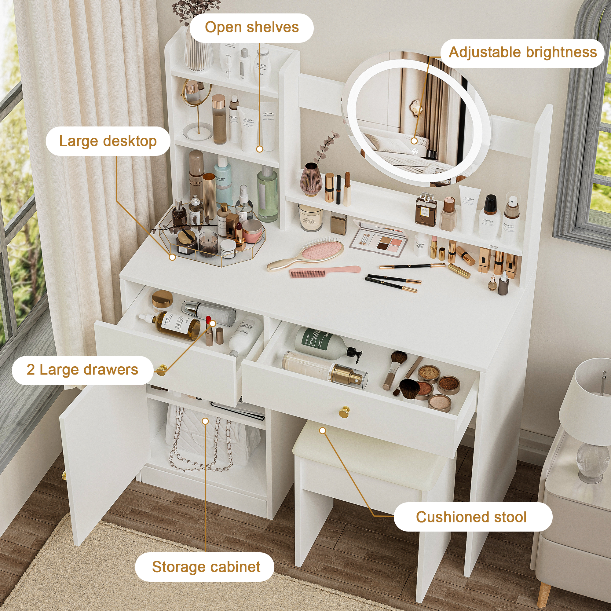 Fashion White Vanity Desk with Mirror & Lights, 3 Color Lighting, Adjustable Brightness, 2 Drawers, Storage Shelves, Cushioned Chair Included, MDF, 35.4" W, Bedroom & Makeup Use