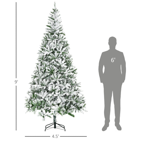 HOMCOM 9' Tall Snow Flocked Pine Artificial Christmas Tree | Realistic Unlit Green Branches | Flame-Retardant &amp; Easy Assembly | Perfect for Home &amp; Holiday Decor