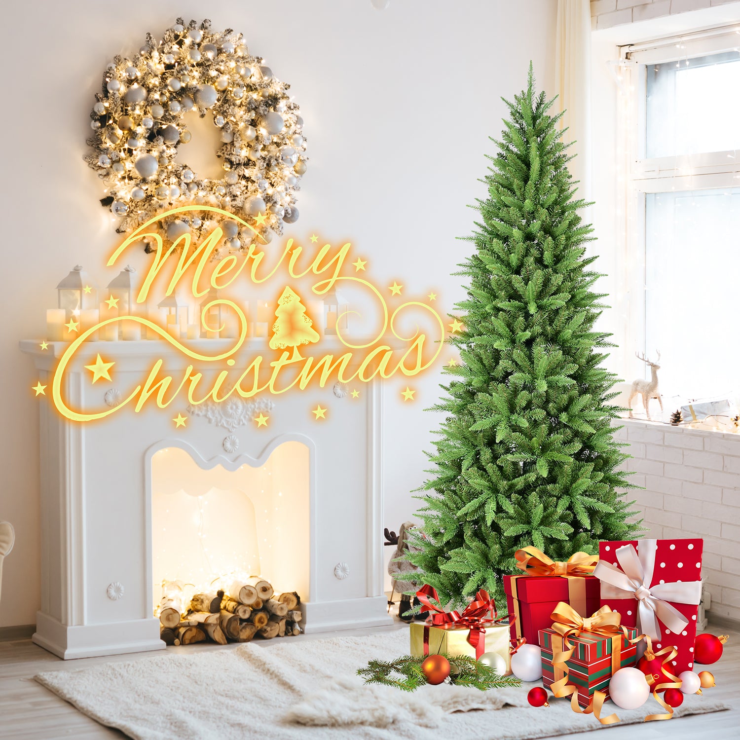 7.5FT Slim Green Christmas Tree: 1396 Realistic PE+PVC Tips, Hinged for Easy Setup, Sturdy Metal Stand - Perfect for Apartments, Corners & Small Spaces