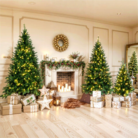Set of 3 Pre-Lit Green Pine Artificial Christmas Trees (4ft, 6ft, 8ft) with 820 Warm Yellow LED Lights & 2539 Realistic Branch Tips - Hinged Xmas Tree Decor for Home, Office, Party