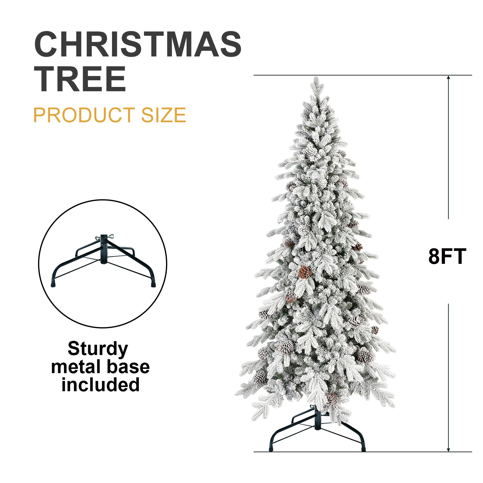 7.5 FT Flocked Christmas Tree: Snowy PE/PVC w/ 1424 Tips & 40 Pine Cones. Slim, Hinged Design for Small Spaces, Stable Metal Stand. Realistic Winter White & Green Holiday Decor.