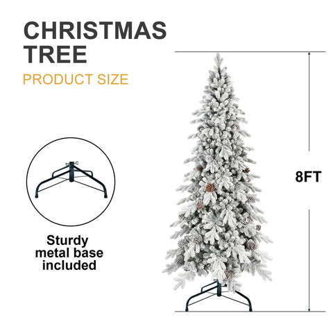 7.5 FT Flocked Christmas Tree: Snowy PE/PVC w/ 1424 Tips & 40 Pine Cones. Slim, Hinged Design for Small Spaces, Stable Metal Stand. Realistic Winter White & Green Holiday Decor.