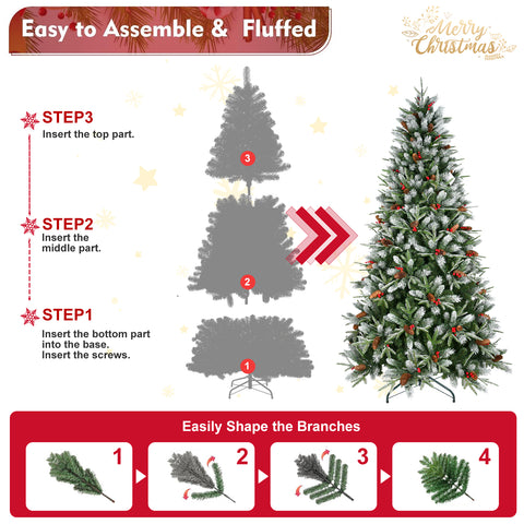 8FT Snow-Dusted Christmas Tree: 2850 Tips, Red Berries &amp; Pine Cones, Hinged PE+PVC Branches, Metal Stand – Full, Natural Holiday Decor for Living Room &amp; Home