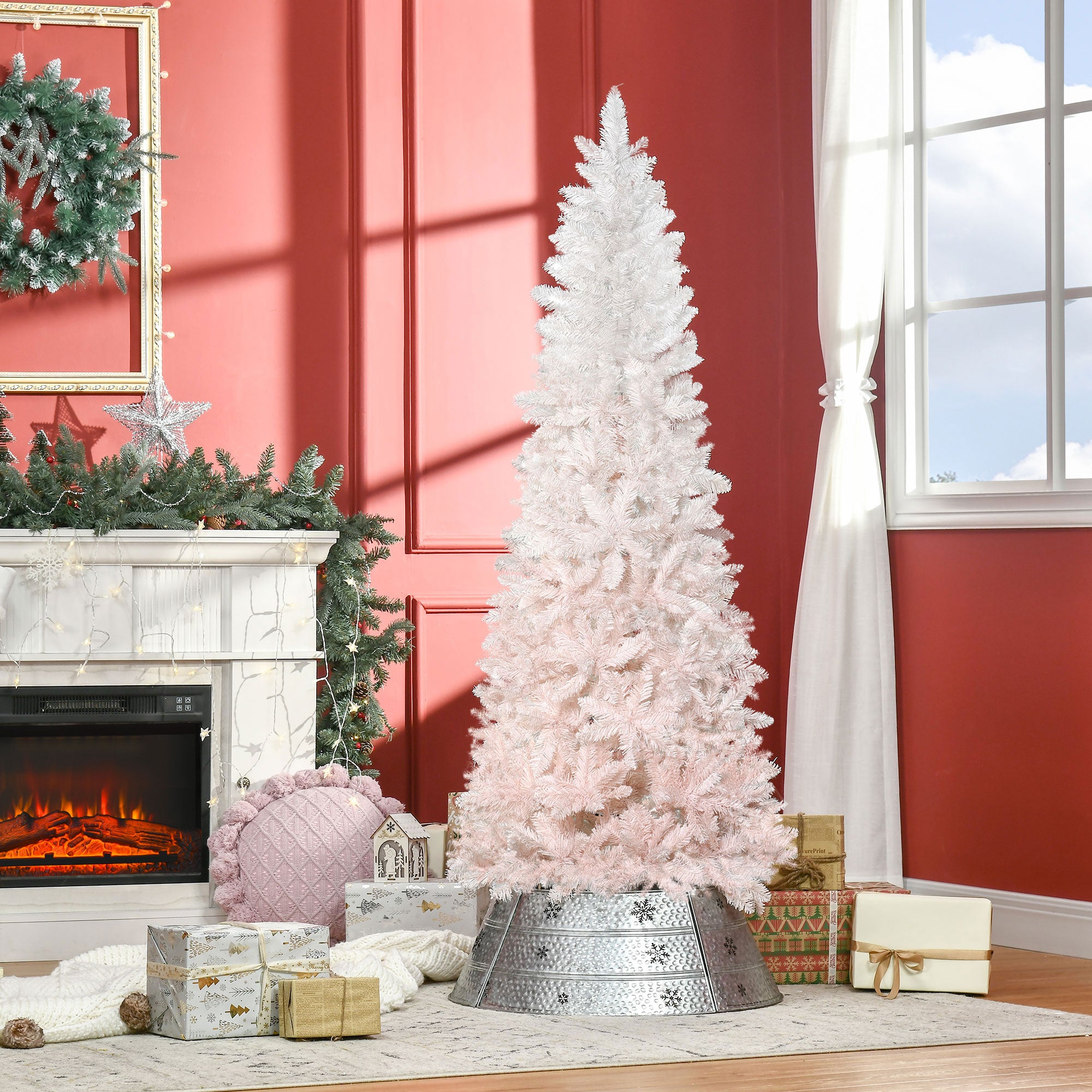 HOMCOM 6ft Pink & White Pencil Fir Artificial Christmas Tree | Slim Unlit PVC Xmas Tree with Realistic Branches & Steel Base | Perfect for Small Spaces, Entryways, Fireplace Decor