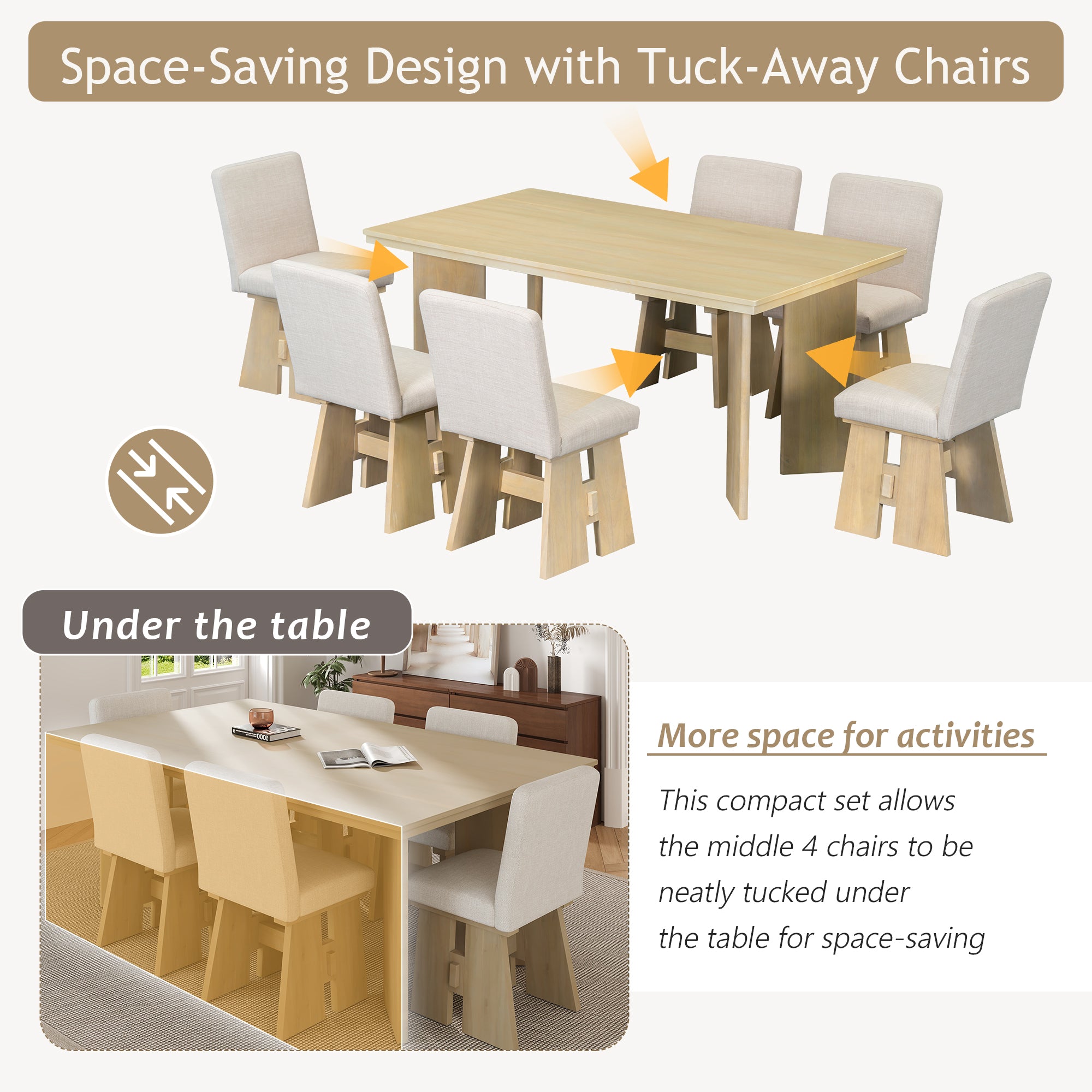 TOPMAX 7-Piece Solid Rubberwood Dining Set: 63.4" Natural Table &amp; 6 Upholstered Beige Chairs for Dining Rooms, Space-Saving Tuck-Away Design, Seats 6, Modern Farmhouse Style