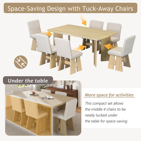 TOPMAX 7-Piece Solid Rubberwood Dining Set: 63.4" Natural Table &amp; 6 Upholstered Beige Chairs for Dining Rooms, Space-Saving Tuck-Away Design, Seats 6, Modern Farmhouse Style