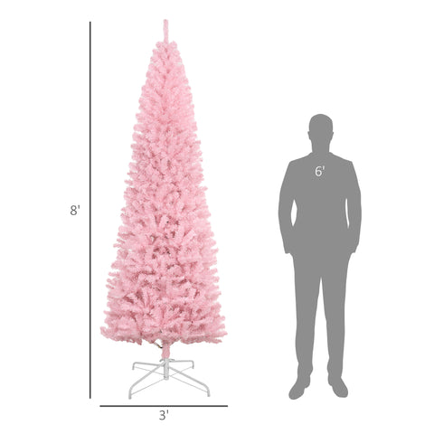 HOMCOM 8ft Pink Slim Douglas Fir Artificial Christmas Tree | 1168 Realistic Branch Tips | Easy Assembly | Steel Base | Perfect for Apartments &amp; Small Spaces